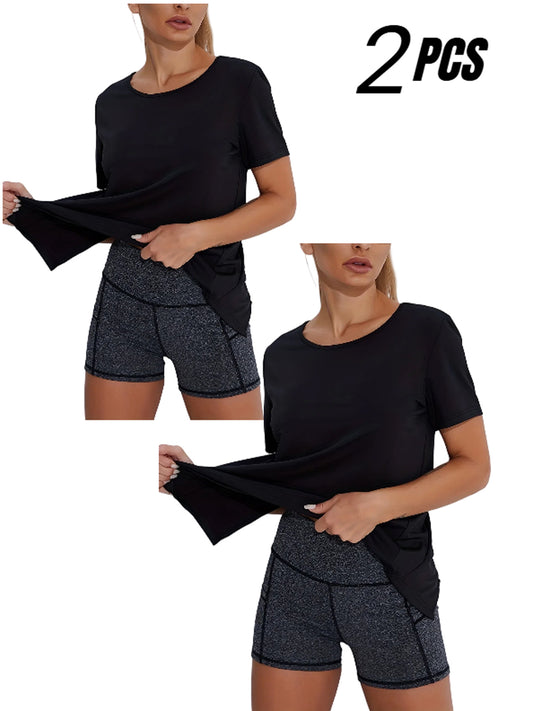2-Pack  Women Quick-Dry Tees Seamless  Honeycomb Ventilation Yoga Running Gym