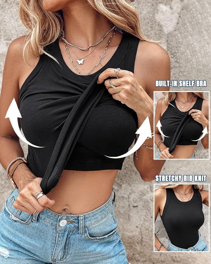 Round Neck Built-in Bra Ribbed Tank Top