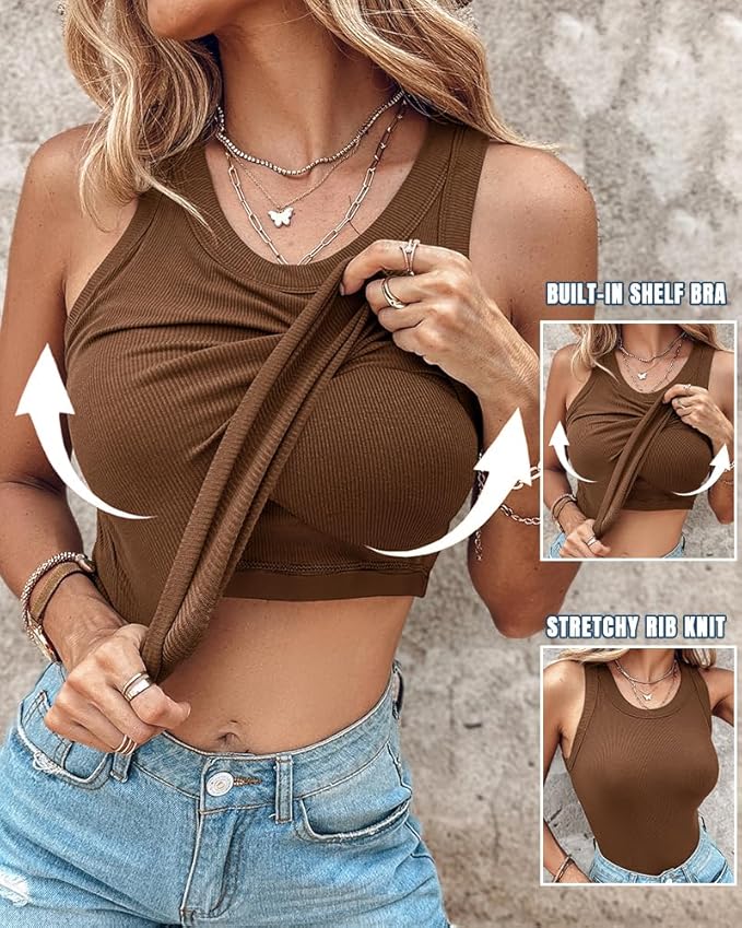 Round Neck Built-in Bra Ribbed Tank Top